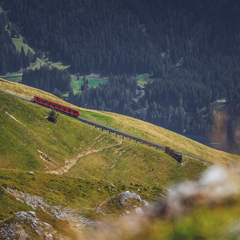Die rote Parsennbahn fährt den Berg hoch, dahinter liegt das Tal von Davos. | © Davos Klosters Mountains