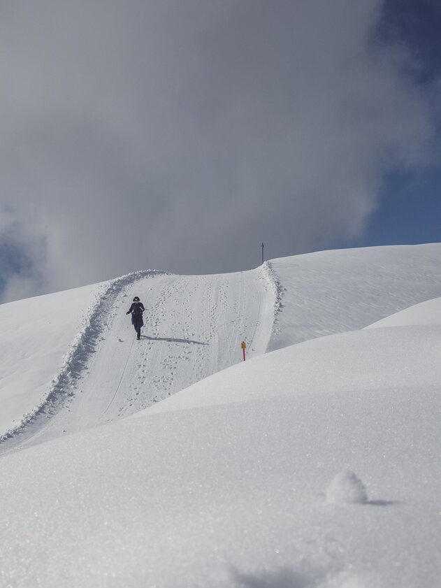 Frau spaziert gemütlich auf dem Winterwanderweg auf Pischa. | © Davos Klosters Mountains