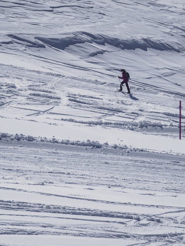 Frau geniesst Schneeschuh Wanderung über weissen Pulverteppich auf Pischa. | © Davos Klosters Mountains