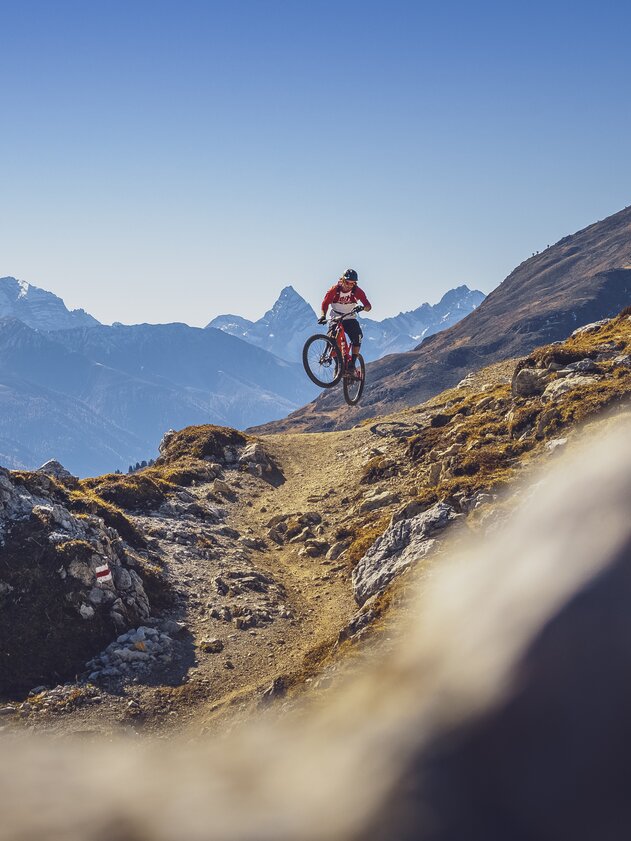 Biker Gotschna Signal Trail | © Davos Klosters Mountians Ein Biker macht einen Sprung auf dem Signaltrail auf Gotschna, das Tinzenhorn im Hintergrund. | © Davos Klosters Mountians