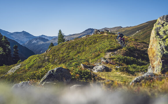 Ein Biker ist auf dem Biketrail im herbstlichen Flüelatal unterwegs. | © Davos Klosters Mountains
